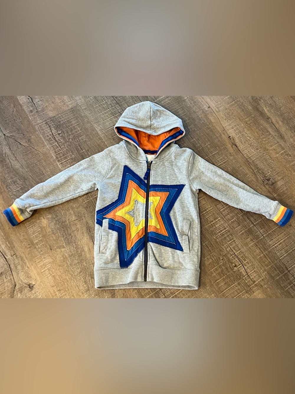Mini Boden boy girl 5-6 year gray zip up hoodie jacket coat star